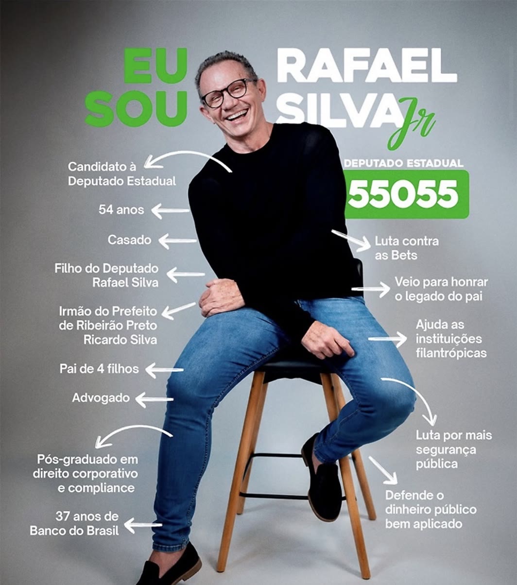 Cartão da campanha com a biografia de Rafael Silva Jr.: 54 anos, advogado, pai de quatro filhos e 37 anos de Banco do Brasil